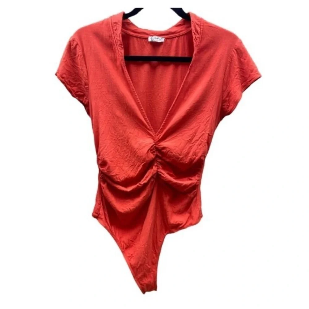 Free People Red Orange V Neck Asymmetrical Ruched Short Sleeve Bodysuit S